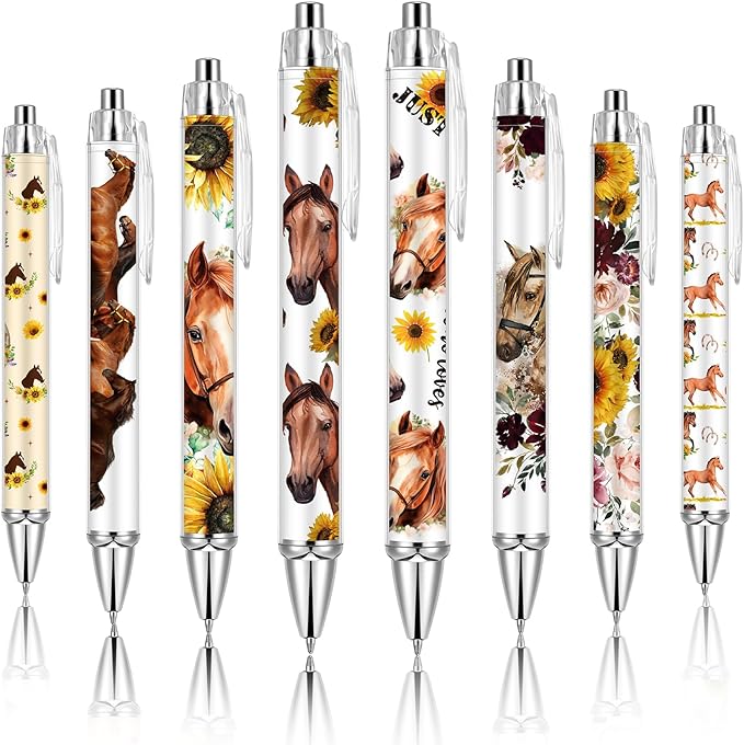 Ireer 8 Pcs Ballpoint Pens for Women 1.00 mm Cute Black Ink Fancy Pens Fine Point Smooth Writing for Journaling Aesthetic Office Supplies(Horse)