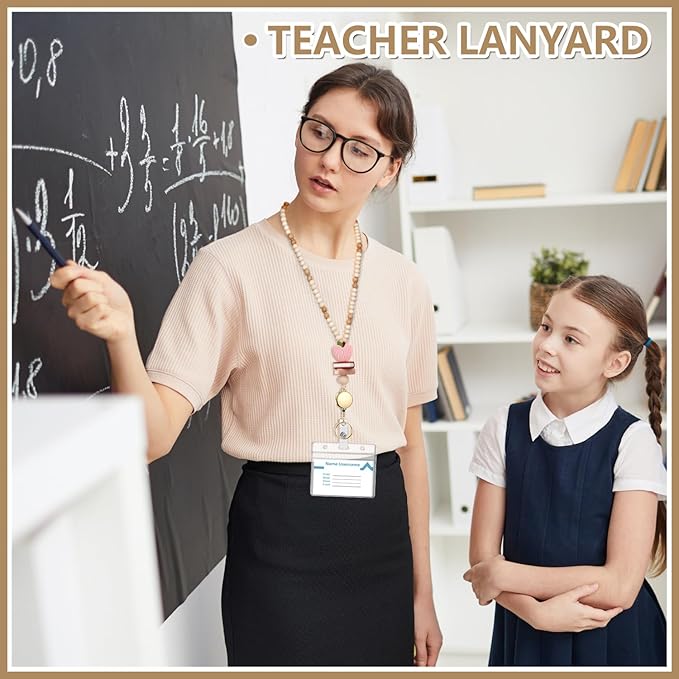 Teacher Lanyard with Id Holder, Cute Lanyards for Id Badges Keys, Retractable Natural Wooden Beaded Lanyard for Women