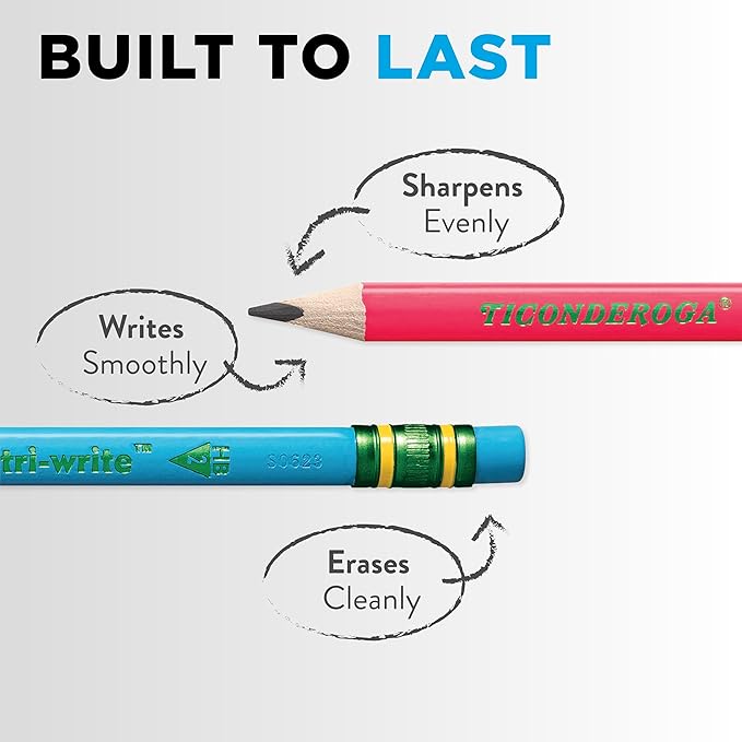 Ticonderoga My First Tri-Write Wood-Cased Pencils, Pre-Sharpened, 2 HB, With Erasers, Neon Colors, 12 Count