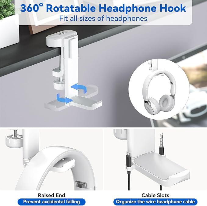 KDD 4 in 1 Desk Cup Holder - Clamp on Under Desk Headphone Hanger - Rotating Headphone Holder Detachable Pen Cup Holder Desk Storage for Cup, Phone and Pen(White)