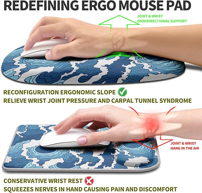 Hokafenle Ergonomic Mouse Pad Wrist Support, Terraced Slope Carpal Tunnel Wrist Pad for Mouse with Unibody Memory Foam, Wrist Rest Pain Relief Mousepad (Abstract Waves, 11.8x7.9 in)