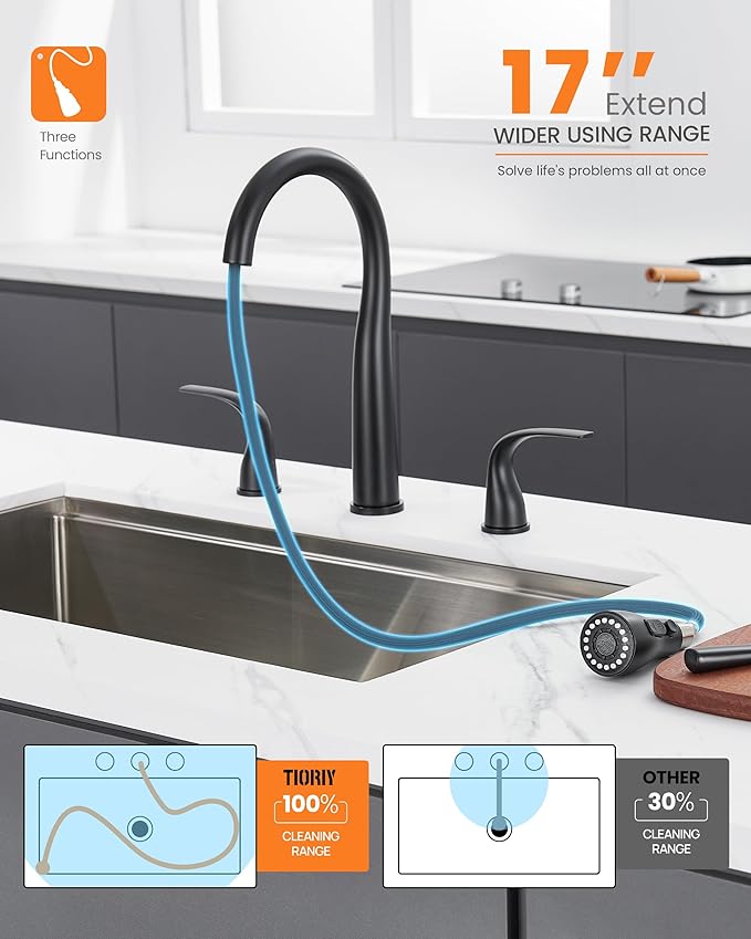 Black Kitchen Faucet 3 Hole with Pull Down Sprayer, 2-Handle High Arc Kitchen Sink Faucet with 3 Function Spray, Stainless Steel, T-3005B