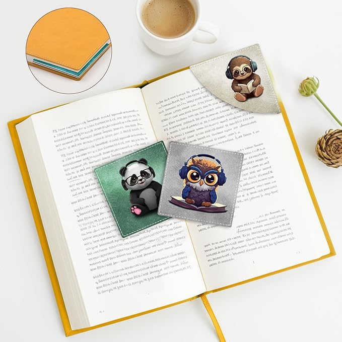 Cute Sloth Owls Panda Corner Bookmarks, Funny Leather Book Accessories for Book Lovers, 3 Pcs Reading Book Page Markers for Women Men Student Teacher Girls Boys Kids Retirement Birthday Gifts