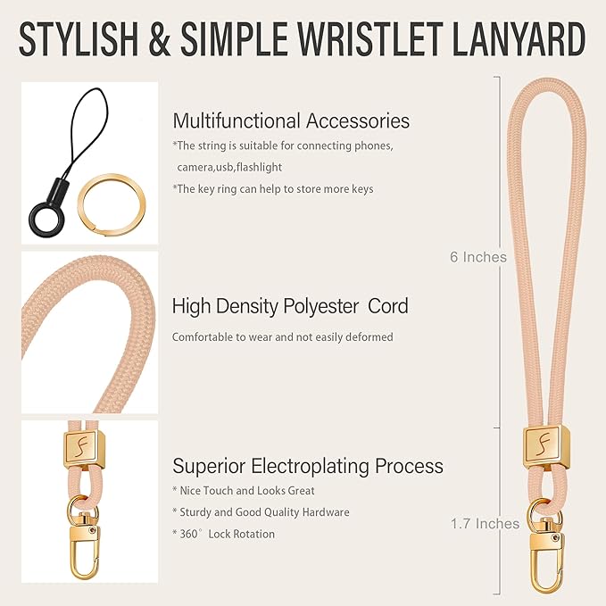Fishent Keychain Wristlet lanyard, Cute Key Chain Holder, Upgraded Woven Wrist Lanyard for Keys, Wristlet Strap Keychain for Women Men Car Keys ID Badges Card Wallet Phone (Pink Sand)