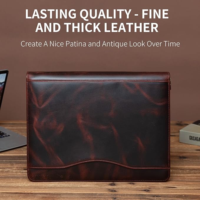 YIWEN Handmade Crazy-Horse Leather 3 Ring Binder Portfolio Padfolio Folder with Zipper for Men and Women, Business Organizer for Letter A4 Size for Meeting and Travel (Non-custom, Oil Wax-Dark Brown)