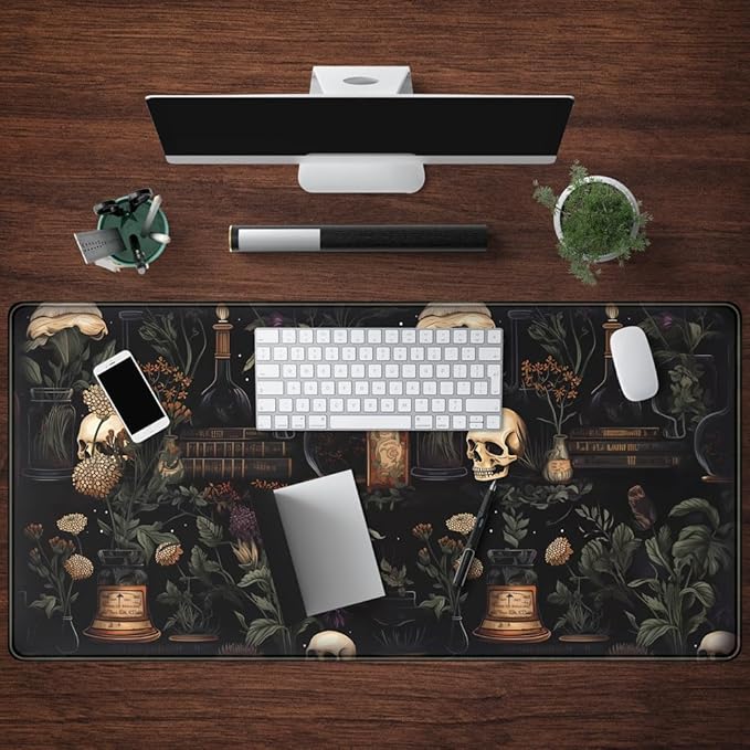 Vintage Aesthetic Desk Mat Black Academia Desk Mouse Pad XL Extended Large Gaming Desk Mousepad Mystical Green Plant Computer Laptop Keyboard and Mouse Mat Desktop Protector Mat 31.5 x 15.8 in