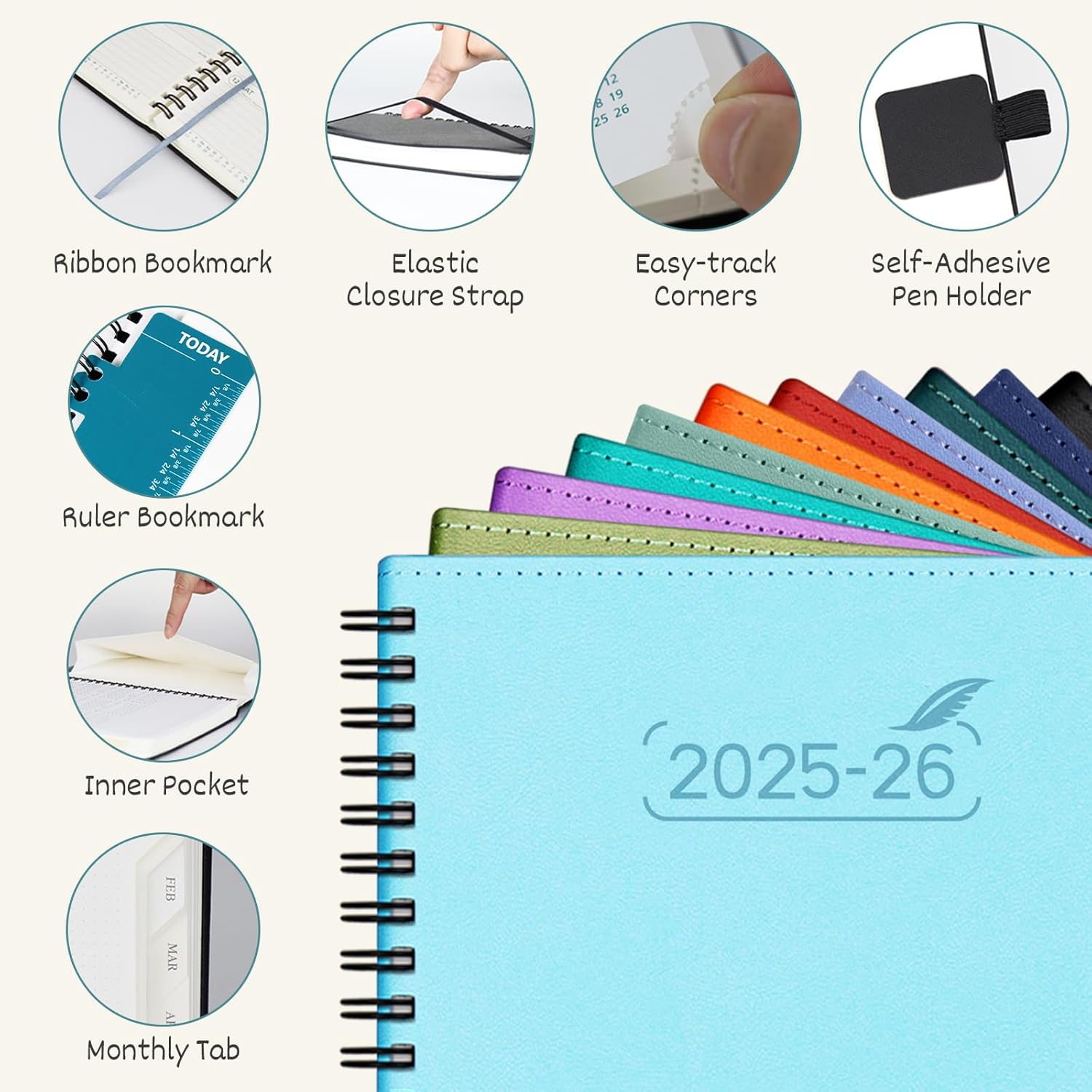 BEZEND Planner 2025-2026 Weekly and Monthly, 8.5" x 11" Academic Calendar (Jul 25-Dec 26) Vertical Daily Appointment with Hourly Timeslot & Monthly Tab, Spiral, PU Leather Softcover - Sky Blue