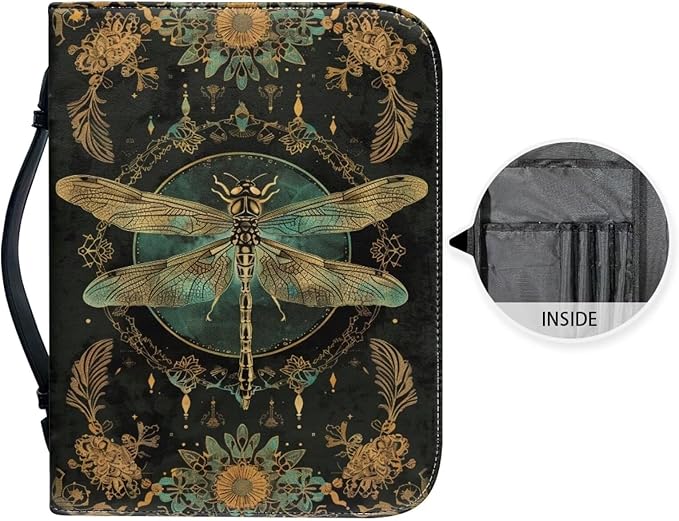 Lotusorchid Mandala Dragonfly Printed Women Bible Cover Leather Bible Book Church Bags with Handle and Zippered Pocket