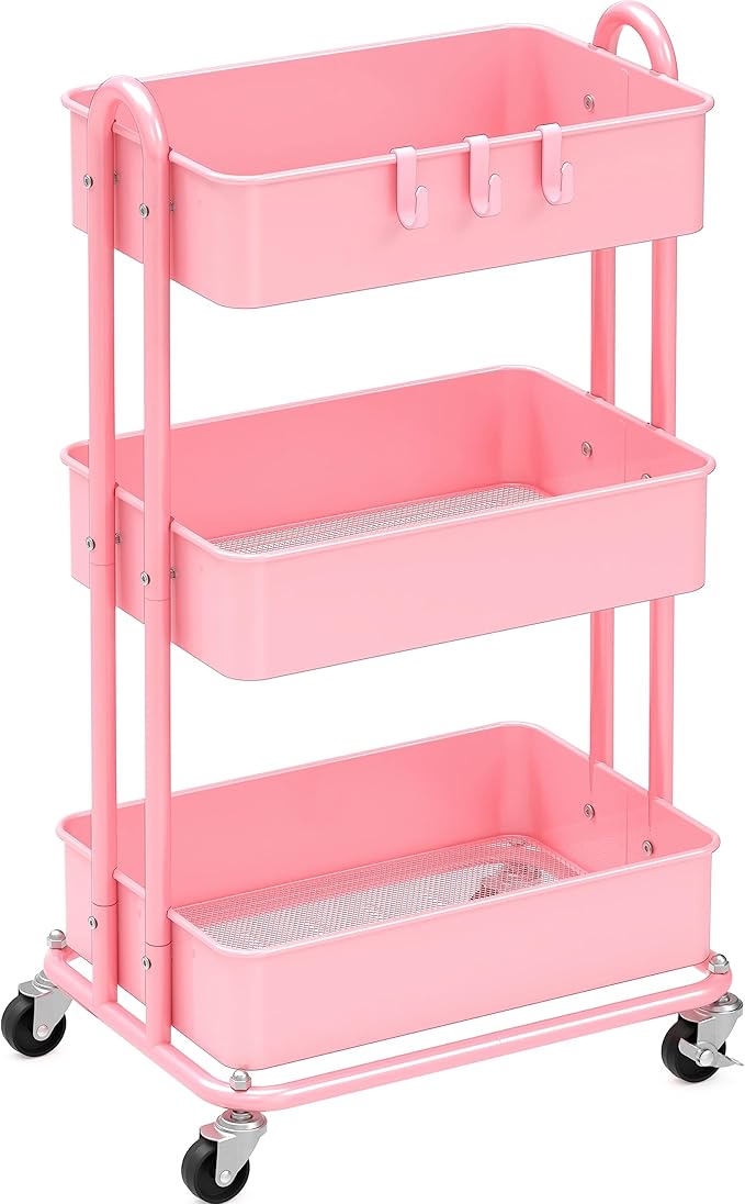 Simple Houseware Heavy Duty 3-Tier Metal Utility Rolling Cart, Pink
