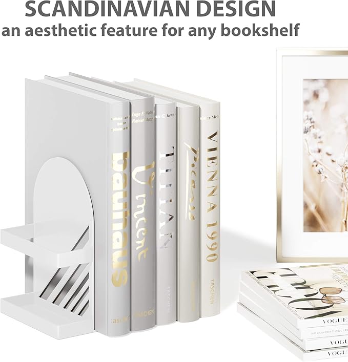 Iron Arch Modern and Decorative Bookends for Heavy Books, 200% Stronger & Heavier Than The Average Bookends, Large Bookends with Matching Bonus Storage Cup (Snow White)