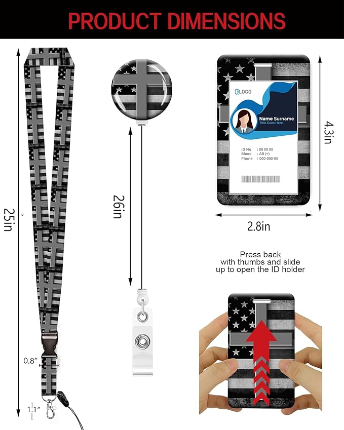 ID Badge Holder with Retractable Lanyard and Keychain, Badge Reel with Rotate Carabiner Clip,Black White American Flag Cross Card Name Tag Lanyard ID Protector Bage Clips for Student, Women, Office