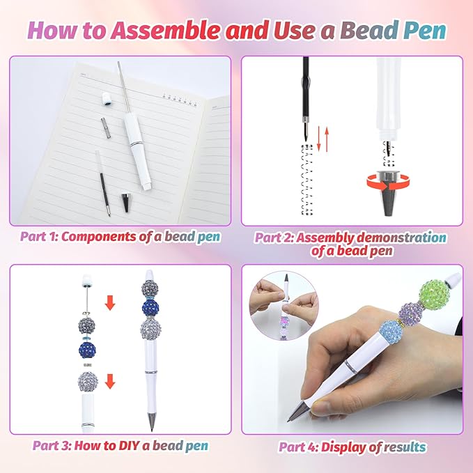 15 Pieces Beadable Pens - Beaded Pens Plastic Diy Black Ink Ballpoint Pens Bulk - Bead Pens Suitable For Teacher, Students, Office, School, Graduation Gift Supplies（White）