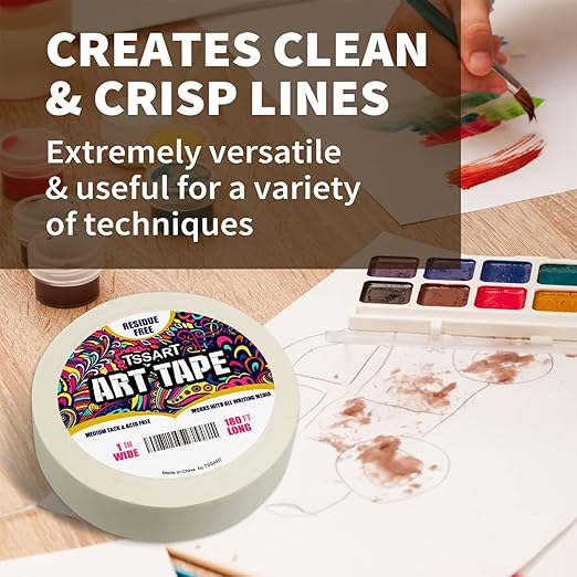 White Art Tape Medium Tack - Masking Artists Tape for Drafting Art Watercolor Painting Canvas Framing - Acid Free 1inch Wide 180FT Long