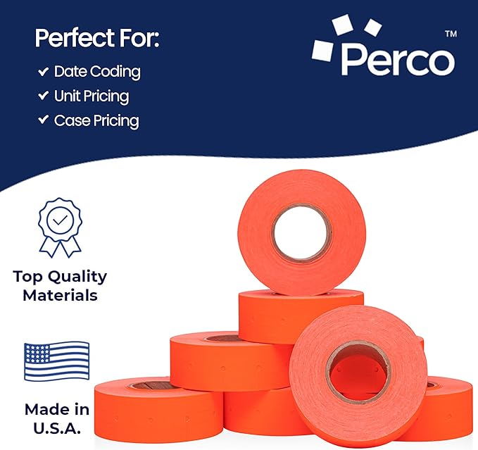 Perco 2 Line Fluorescent Red Labels - 32 Rolls, 4 Sleeves, 24,000 Blank Price and Date Gun Labels for Perco 2 Line Price and Date Guns - Made in USA