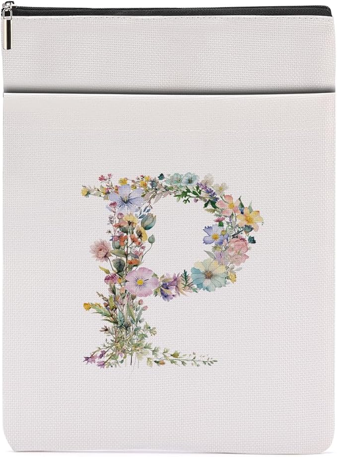 Monogrammed Book Sleeve Floral P Initial Book Pouch Book Accessories Book Lovers Gifts Waterproof Book Cover Book Protector Bookish Gifts Personalized Gifts for Women Girls Readers Bride Girlfriend