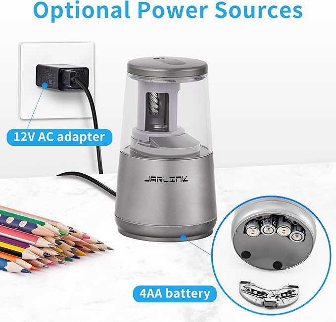 JARLINK Electric Pencil Sharpener, Heavy-Duty Helical Blade to Fast Sharpen, Auto Stop for No.2/Colored Pencils(6-8mm), USB/Battery Operated in School Classroom/Office/Home (Gray)