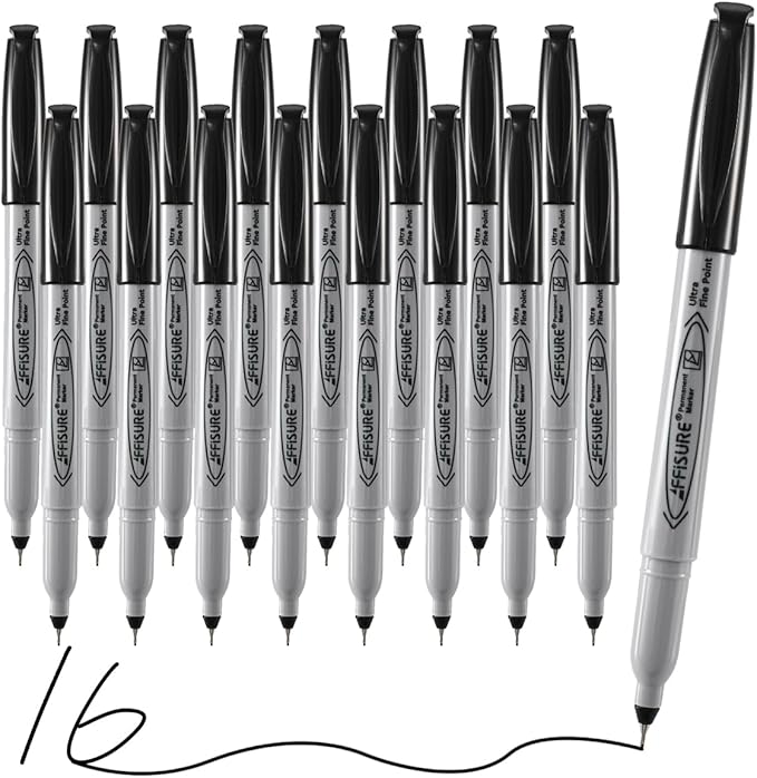 Permanent Markers, Ultra Fine Point, Black, 16 Count, 0.4mm, Fine tip permanent marker set, quick dry, waterproof, fading resists, durable, marks on paper, glass, ceramic, plastic, wood, rock, metal