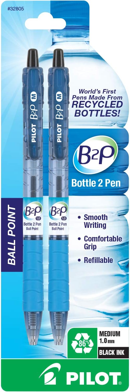 PILOT B2P - Bottle to Pen Refillable & Retractable Ball Point Pen Made From Recycled Bottles, Medium Point, Black Ink, 2-Pack (32805)