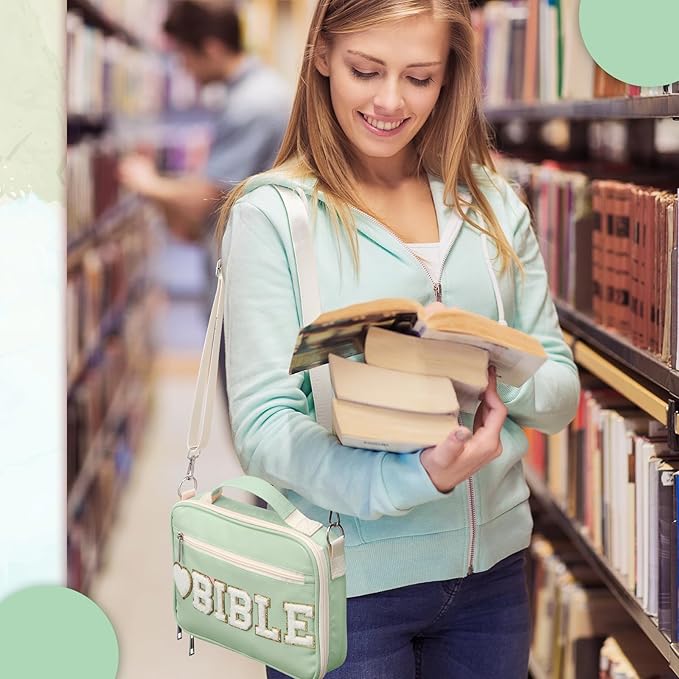 Silkfly Large Chenille Letter Bible Cover for Women Preppy Patch Bible Case Church Bible Bag with Handle(Sage Green)