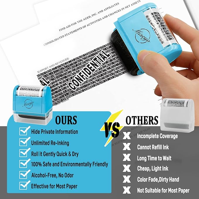 Miseyo Identity Theft Protection Roller Stamp Set - Blue (6 Refill Ink Incleded)