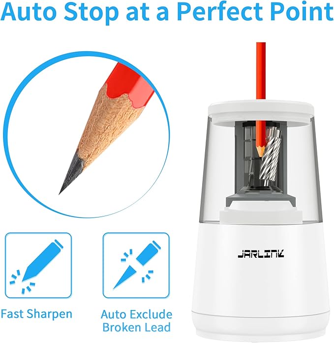 JARLINK Electric Pencil Sharpener, Heavy-Duty Helical Blade to Fast Sharpen, Auto Stop for No.2/Colored Pencils(6-8mm), USB/Battery Operated in School Classroom/Office/Home (White)