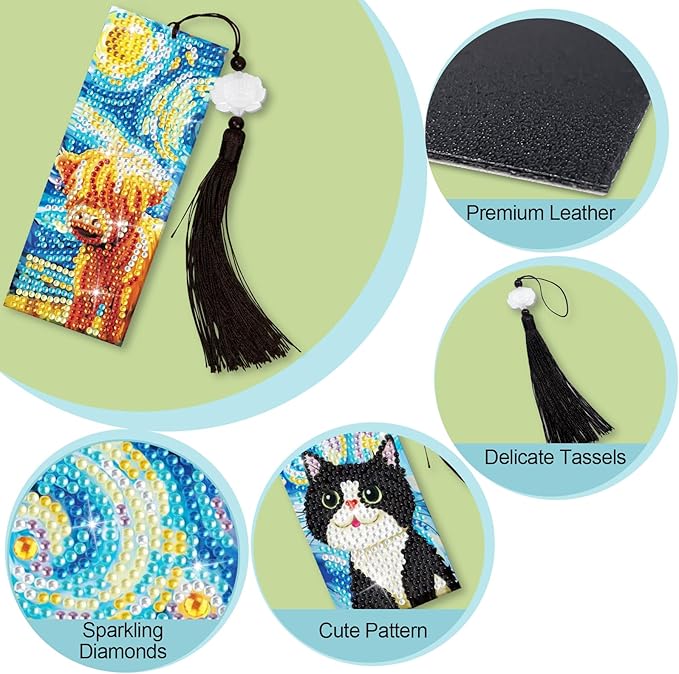 Anseal 3 Pcs 5D Diamond Art Bookmarks for Book Lovers, Cute Animal Rhinestone PU Leather Diamond Crafts Bookmarks for Women Girls, Tassel Beaded Book Mark for Graduation Birthday Reading Present