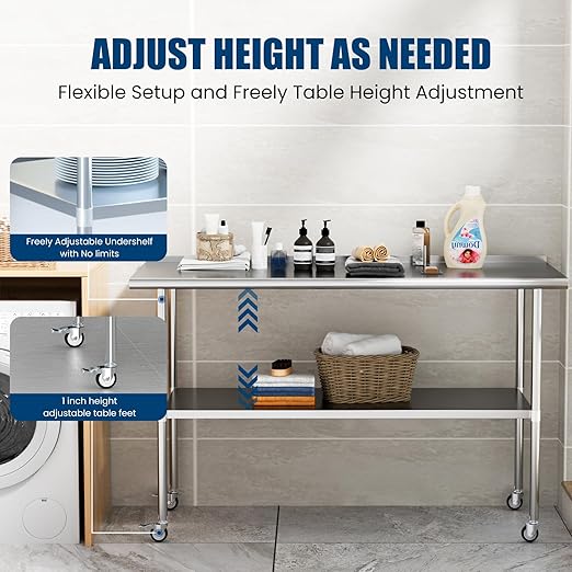 Stainless Steel Table with Wheels 18 x 60 Inches Metal Prep Table with Backsplash & Caster, Adjustable Undershelf for Commercial Kitchen, Outdoor, Restaurant, Hotel & Garage