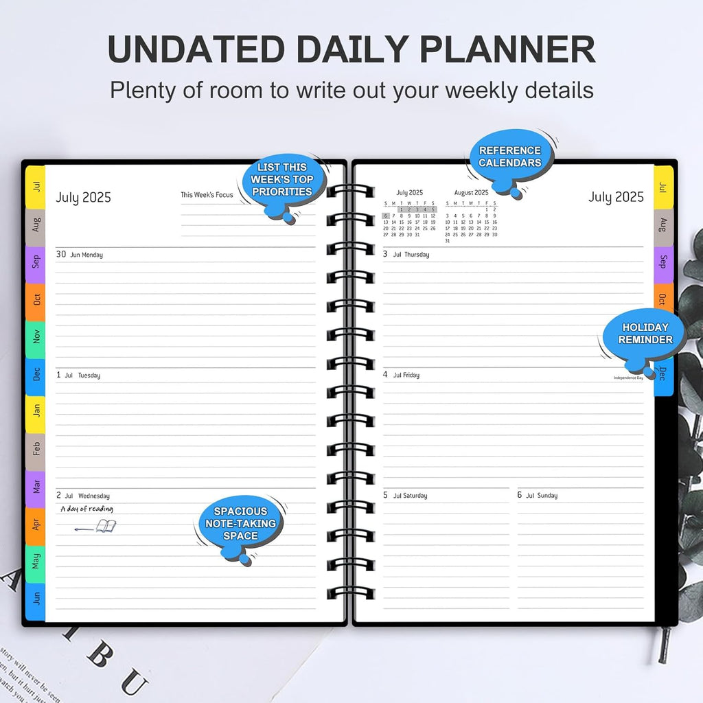 Daily Planner 2025-2026, July 2025 - December 2026, Yearly Monthly Weekly Daily Academic Calendar Planner, 18 Month with Tabs, Time Management Manual, 100GSM Thick Paper, A5 Size, Black