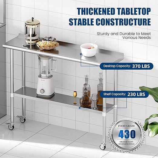 Stainless Steel Table with Wheels 14 x 48 Inches Metal Prep Table with Backsplash & Caster, Adjustable Undershelf for Commercial Kitchen, Outdoor, Restaurant, Hotel & Garage