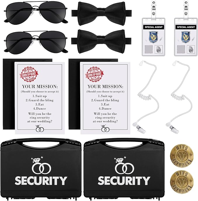 Aoriher Ring Security Wedding Set Include Ring Bearer Box Security Badge Sunglass Security Earpiece Bow Tie ID Badge Holder with ID Card Envelope Invitation Card for Proposal Gift(18 Pcs)