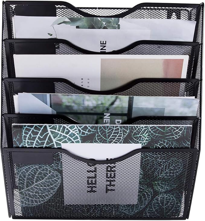 EASEPRES 5 Pocket Mesh Hanging Wall File Organizer, Wall Mounted Mail Paper Document Folder Holder, Clipboard Storage Organization Magazine Rack with Nametag Label for Office Home School, Black