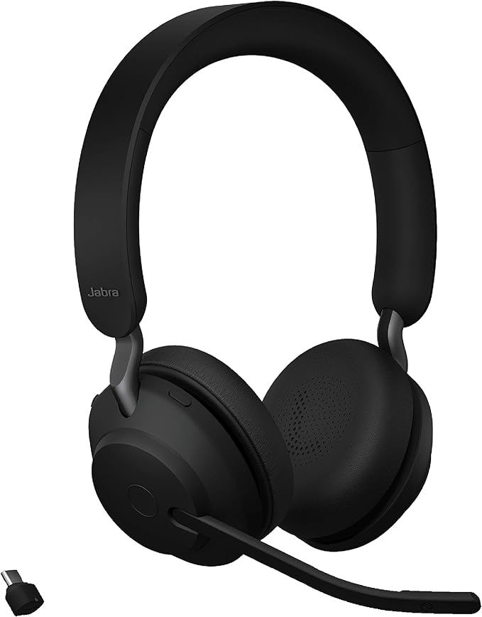 Jabra Evolve2 65 UC Wireless Headphones with Link380c, Stereo, Black – Wireless Bluetooth Headset for Calls and Music, 37 Hours of Battery Life, Passive Noise Cancelling Headphones