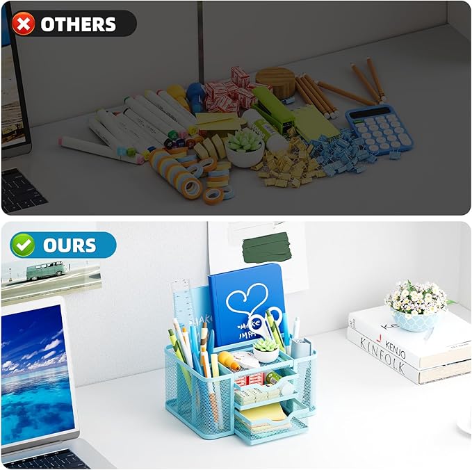 Marbrasse Mesh Desk Organizer, Pen Organizer with 2 Drawer, Multi-Functional Pencil Holder for Desk, Desk Organizers and Accessories with 5 Compartments + Drawer for Office Art Supplies (Blue)