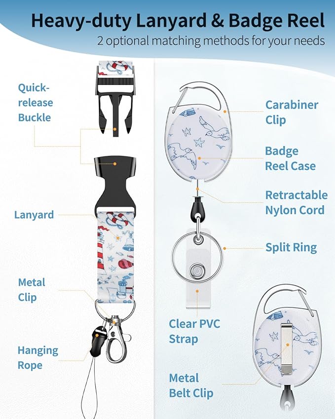 Uniclife Fashionable Sliding Badge Holder Cruise Pattern Plastic Case with Retractable Badge Reel Carabiner Clip & Detachable Lanyard Strap Vertical Card Protector for Women Nurse Teacher Student