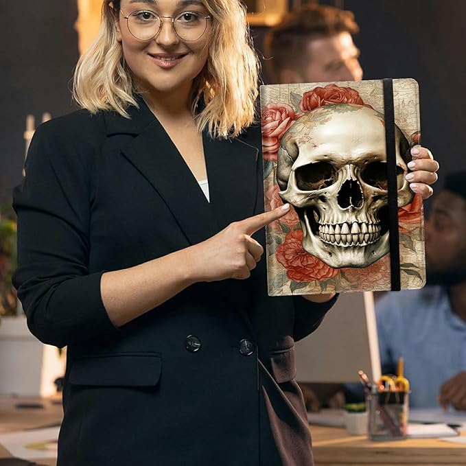 Skull Roses PU Leather Padfolio Clipboard Notepad with Pen Loop and Elastic Strap Interview/Resume Document Organizer for Business School Office