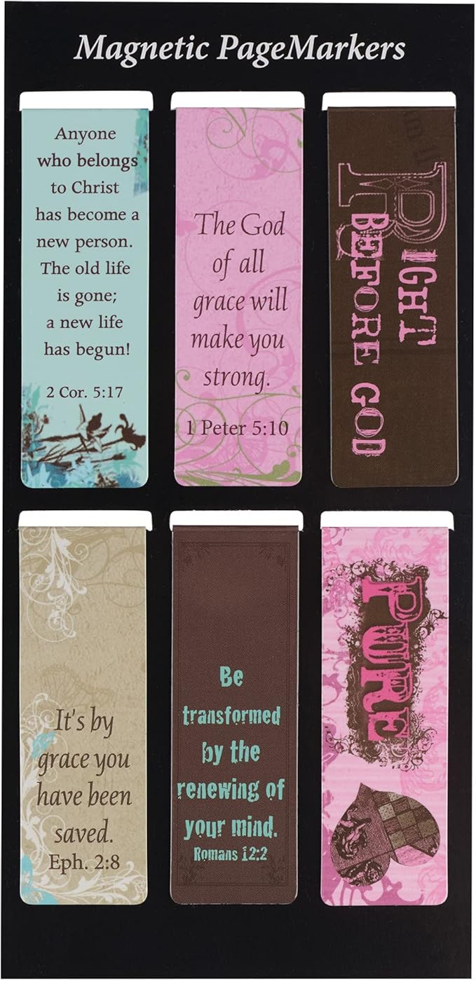 Christian Art Gifts Set of 6 Vintage Floral Grace Inspirational Magnetic Bible Verse Bookmark with Scripture, Size Regular 2.3" X .75"