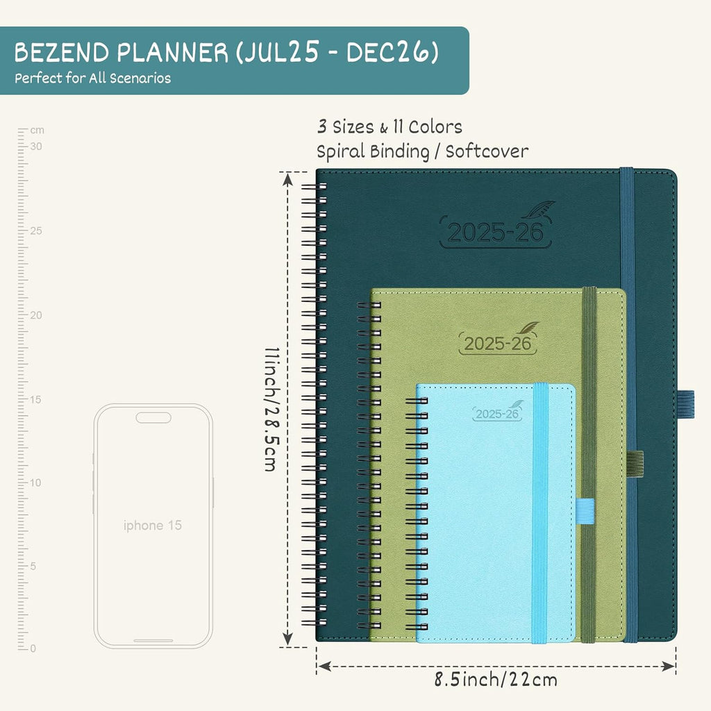 BEZEND Planner 2025-2026 Weekly and Monthly, 8.5" x 11" Academic Calendar (Jul 25-Dec 26) Vertical Daily Appointment with Hourly Timeslot & Monthly Tab, Spiral, PU Leather Softcover - Mint Green