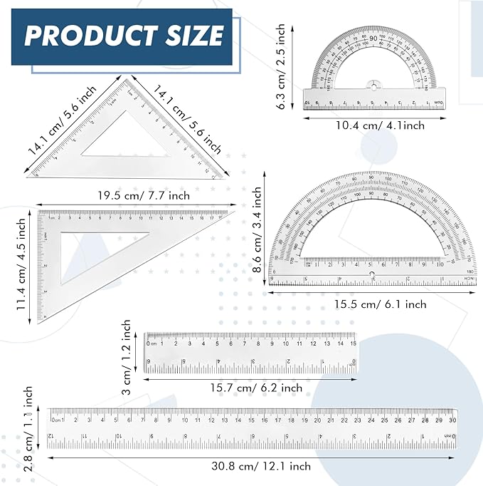 Tenare 6 Pcs Plastic Ruler Math Set Includes 12 Inch 6 Inch Straight Ruler Protractor Triangle Rulers Geometry Transparent Math Ruler Measuring Tools for School Office Home(Clear)