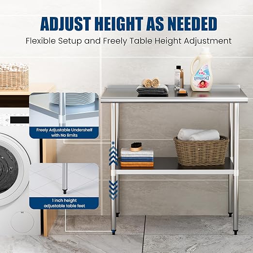 Stainless Steel Table 14 x 36 Inches Metal Prep Table with Backsplash & Adjustable Undershelf for Commercial Kitchen, Outdoor, Restaurant, Hotel & Garage