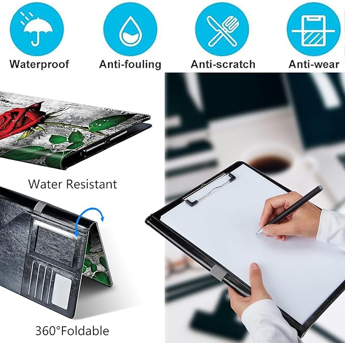 PU Leather Padfolio Folder Clipboard Portfolios Organizer Conference Document Organizer with Business Card Holder Storage Clipboard Writing Pad,Elegant Red Rose