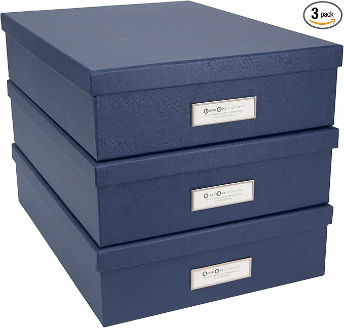 Bigso Box of Sweden Oskar Fiberboard Label Frame Document Letter Box | File Organizer for Important Paperwork | Document Storage with a Lid & Label Window | 3.3"x10.2"x13.8" | 3 Pack | Dark Blue
