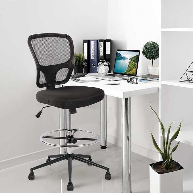 Armless Drafting Chair Tall Office Chair Adjustable Height High Back Ergonomic Desk Chair Drafting Stool Rolling Bar Stools Chairs with Footrest and Wheels