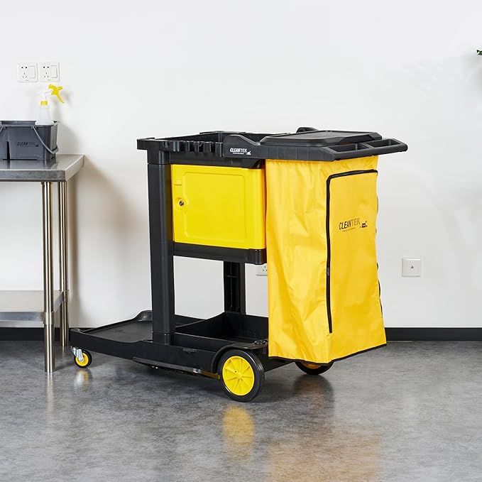 Restaurantware-Clean Tek Professional 3-Shelf Janitor Cart with Wheels, 1 Cleaning Trolley with Cover and 21 Gallon Bag - Includes 1 Single Locking Cabinet, Heavy-Duty, Gray Plastic Janitorial Cart