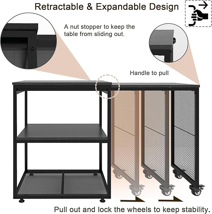 Natwind Large Printer Stand with Storage Shelves,Extendable Home Craft Table,Home Office Organization Desk, Versatile Table Space Saving for Office, Kitchen, Study Room, Living Room (Black)