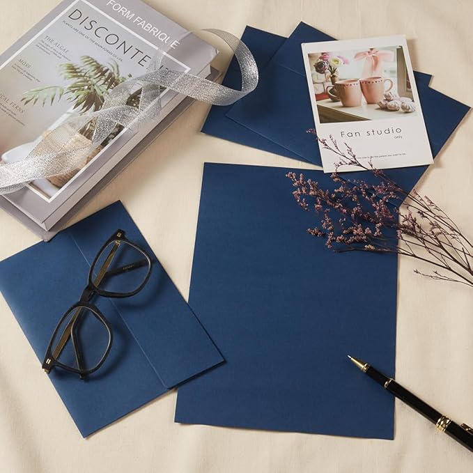 Wishop 50 Pack Self-Adhesive Envelopes with Fold Cards for Wedding Invitations, Greeting Cards, Baby Shower, Letter Mailing (Navy Blue, 4x6)