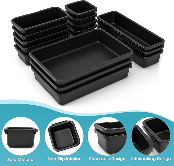 16 PCS Drawer Organizer Set, 4 Size Makeup Drawer Divider Organizer With Non-Slip Pads, Interlocking Plastic Storage Bins for Office,Jewelry Vanity,Gadgets, Bathroom,Kitchen, Black