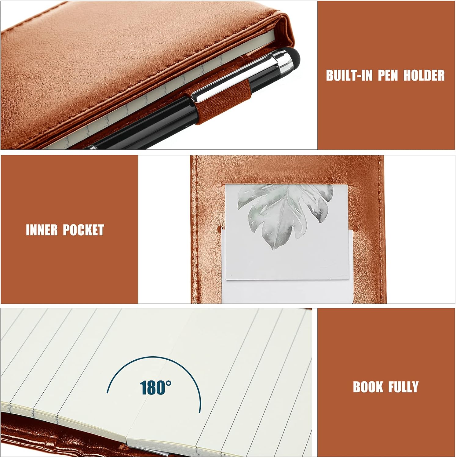 Outus 10 Pcs Pocket Notebook with Pen Set Included Mini Pocket Notepad Holder with 50 Lined Sheets, Metal Pen, 8 Pcs 3 x 5 Inch Memo Book Refills, 30 Lined Paper Per Note Pad (Brown)