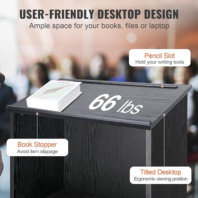 VEVOR Speaker Podium, 47-inch Mobile Lectern with 4 Casters, Wooden Presentation Stand with Shelves, Angled Top, for Church, Office, School, Home Use, Black