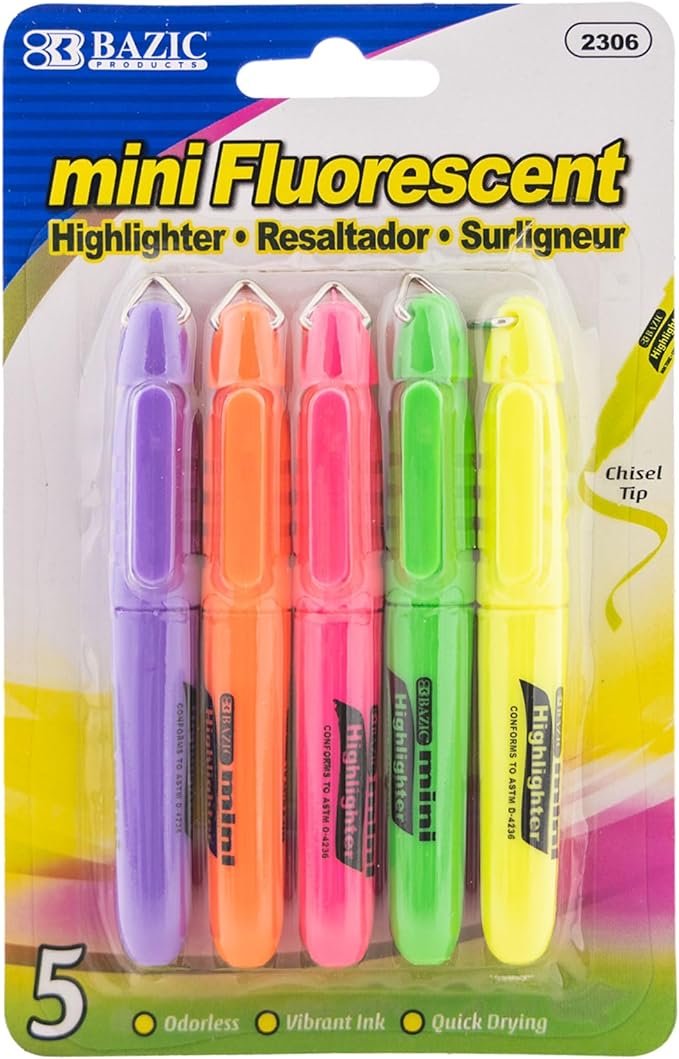 BAZIC Mini Highlighter Pen Chisel Tip Broad Fine Line Highlighters, Unscented Highlighting Coloring Marker (5/Pack), 144-Packs
