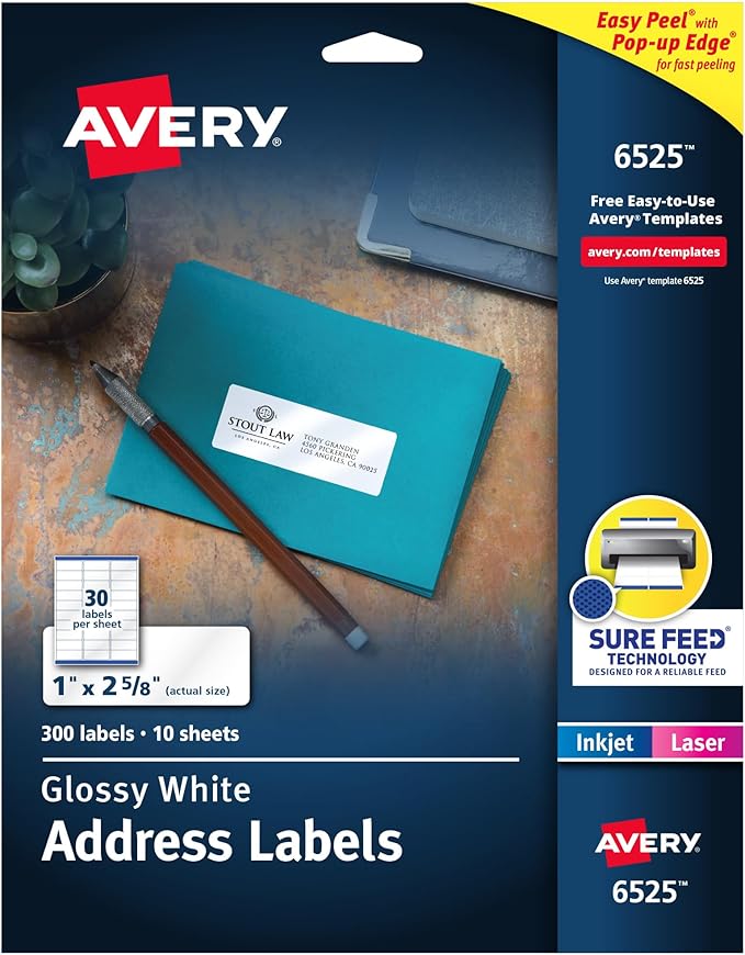 Avery Address Labels with Sure Feed and Easy Peel Technology, Glossy White Labels, 1" x 2-5/8", Permanent Adhesive, Laser/Inkjet, 300 Glossy Labels (6525)